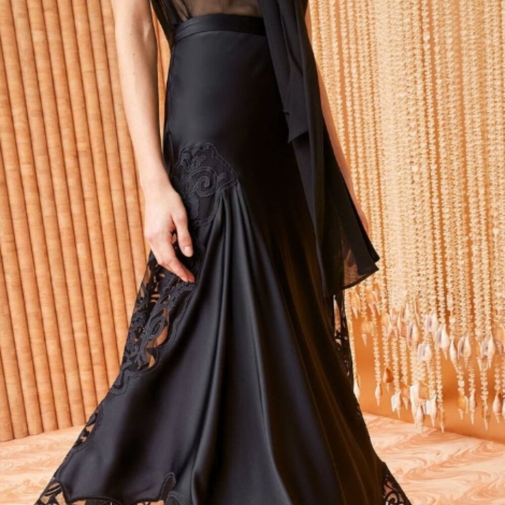 Black Lace-Trim Satin Maxi Skirt - Picture 5 of 8